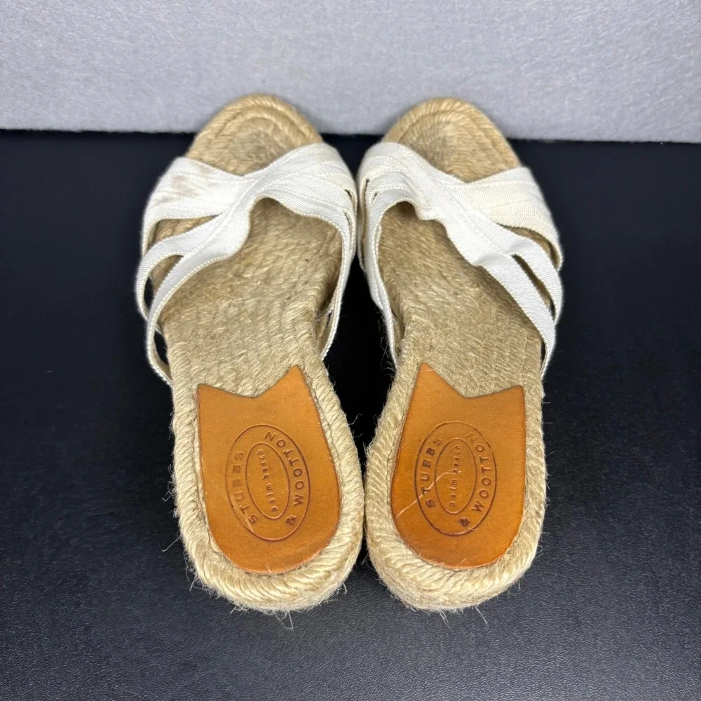 Stubbs & Wootton Espadrille Wedge Sandals White Grace Grosgrain Straps Size 38/8